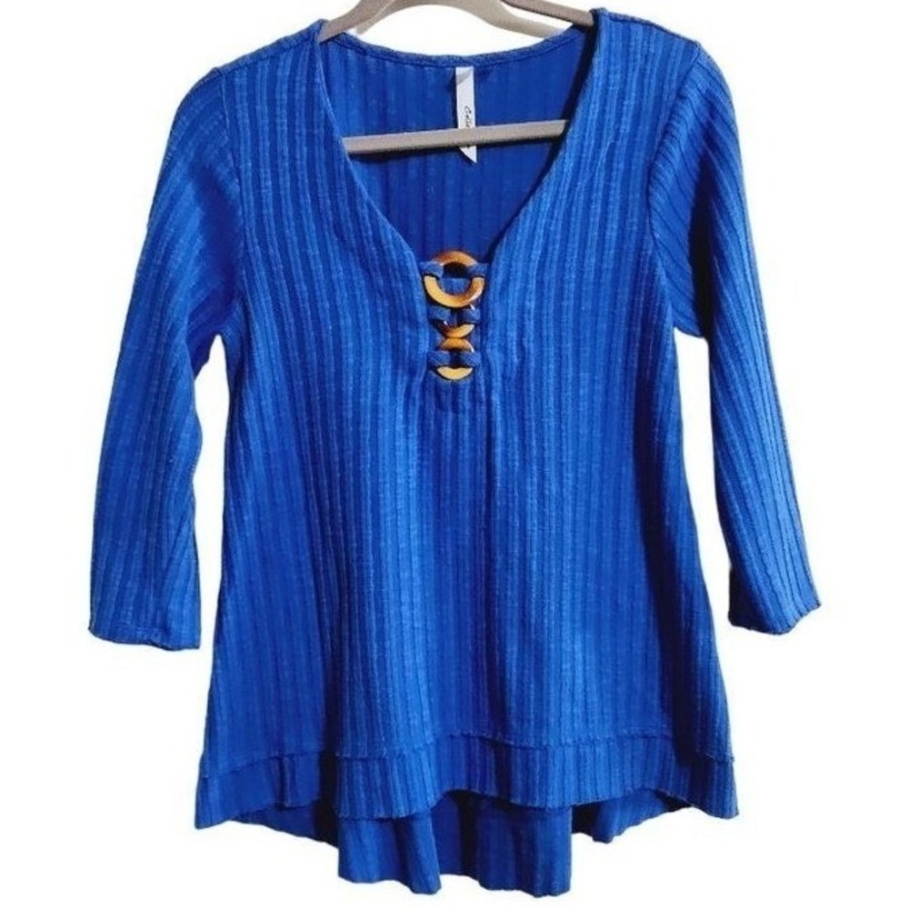 NY Collections Light weight Knit top size‎ XL Petite blue ring detail raw hem